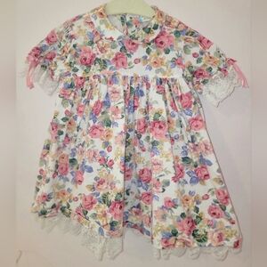 Vintage Floral Lace Trim Baby Dress - 100% Cotton. Pink, Yellow, Blue Roses.